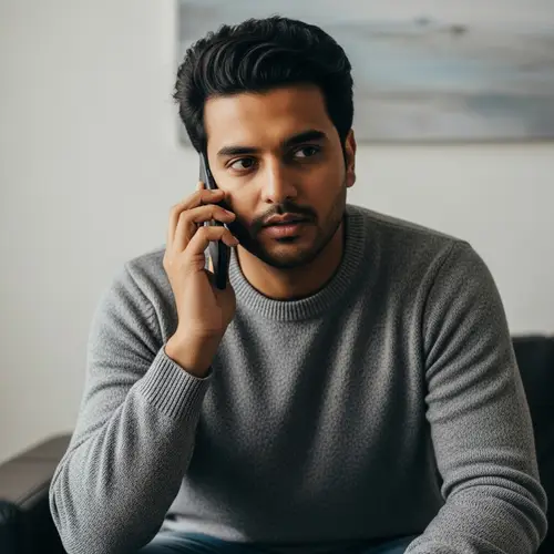 Serious South Asian Person Engaged in Phone Conversation