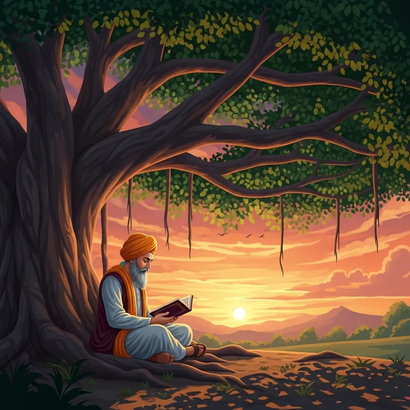 Guru Nanak Dev Ji Illustration Under Banyan Tree
