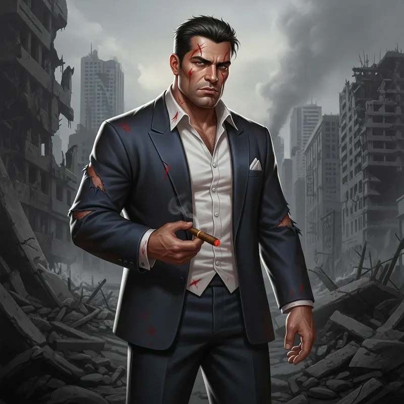 Hispanic Man in Tuxedo Amid Smoking Ruined City