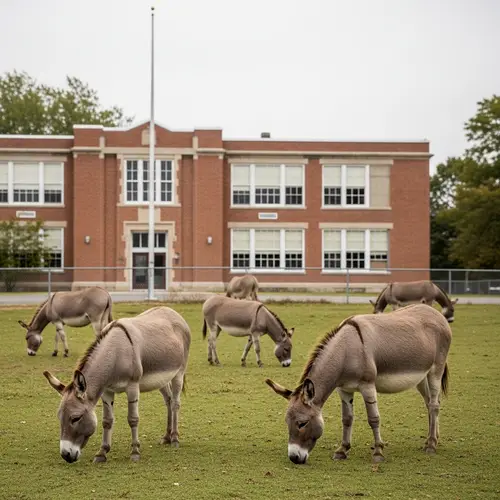 Donkeys Near Old School Building | Country Scene