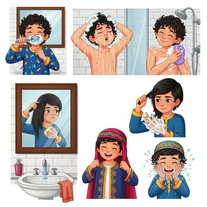 Illustrations of Boy's Daily Hygiene Routine - Middle Eastern Beauty Care