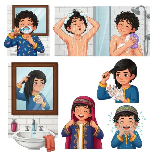 Detailed Illustrations of a Middle Eastern Boy's Daily Hygiene Routine