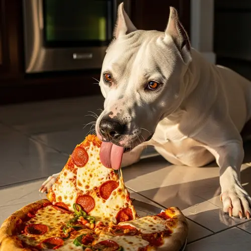 Dogo Argentino Eating Pizza: Cheesy Delight for Your Canine Companion