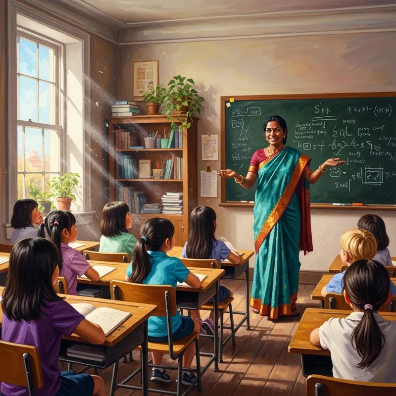 Oil Painting of a Dedicated Teacher in Class