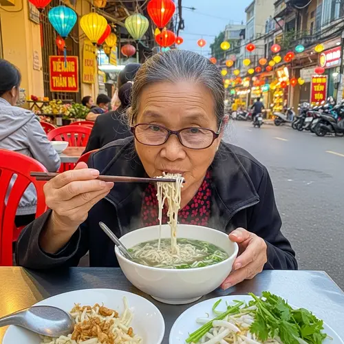 Elderly Vietnamese Woman Enjoys Pho Delightfully