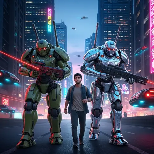 Futuristic Robots Guide Young Man in Neon Cityscape at Twilight