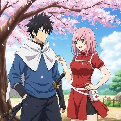 Sasuke & Sakura: Anime Characters Interaction Under Cherry Blossom Tree