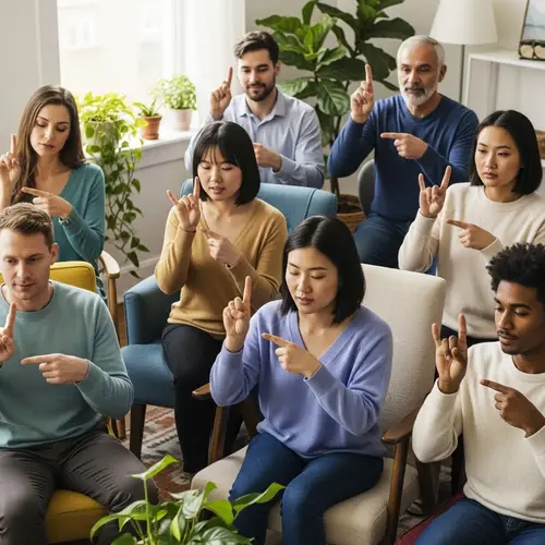 Diverse Group Using American Sign Language in Cozy Room