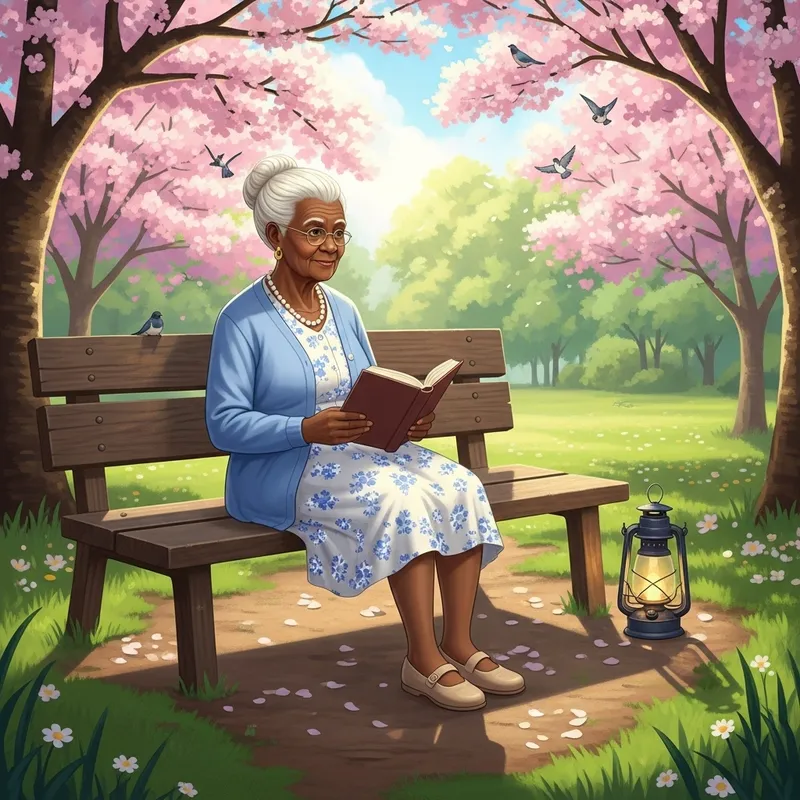 Elderly Woman Sits Comfortably on Rustic Bench Elderly Woman Sits Comfortably on Rustic Bench