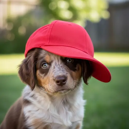 Adorable Brown & White Speckled Puppy with Playful Blue Eyes in Red Baseball Hat