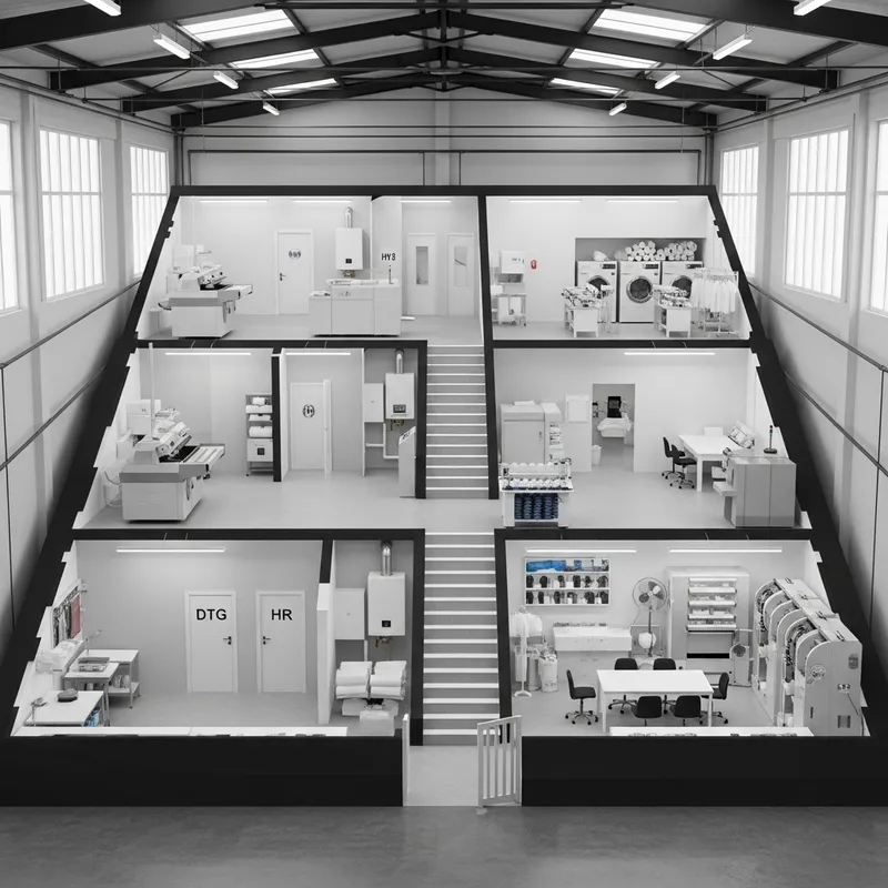 Factory Ground Floor Layout: DTG Printing, HR, Meeting & More