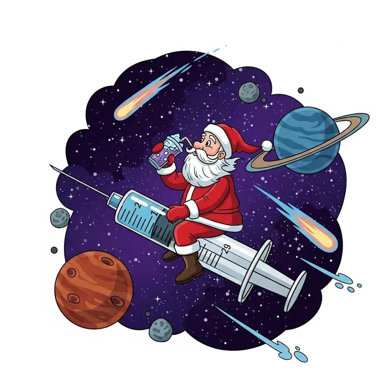 Santa Claus Flying Through Space Sipping Lean on a Syringe