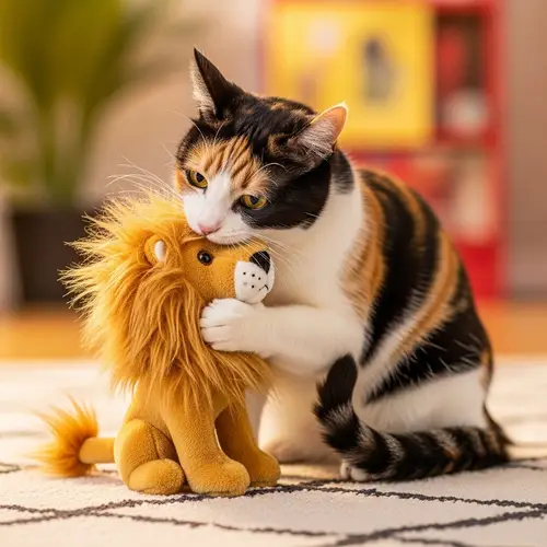 Cute Cat Eating a Toy Lion - Adorable Moments