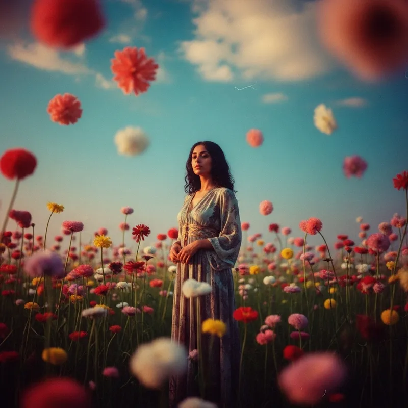 Surreal Portrait of Middle-Eastern Woman in Vintage Flower Field Surreal Portrait of Middle-Eastern Woman in Vintage Flower Field