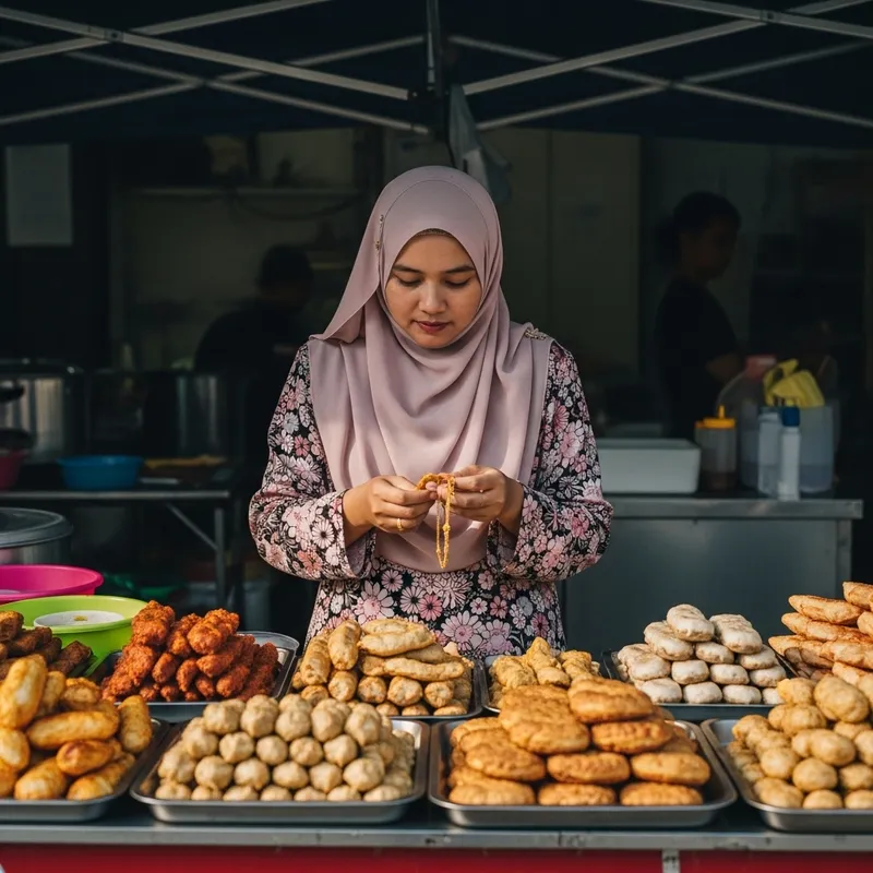 Tranquil Malaysian Malay Hijabi Woman Admiring Gold Jewelry at Food Booth