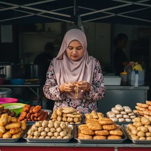 Malaysian Malay Hijabi Woman Admiring Gold Jewelry at Food Booth