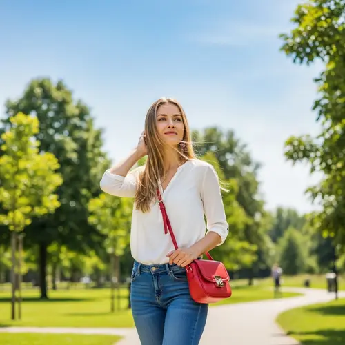 Caucasian Woman Enjoying Serene Park Moment | Blue Jeans & White Shirt
