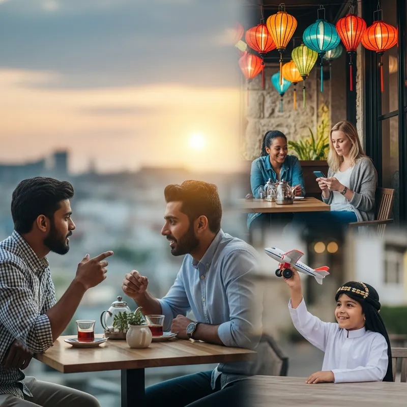 Diverse People at Cafe: South Asian, Caucasian, Middle-Eastern