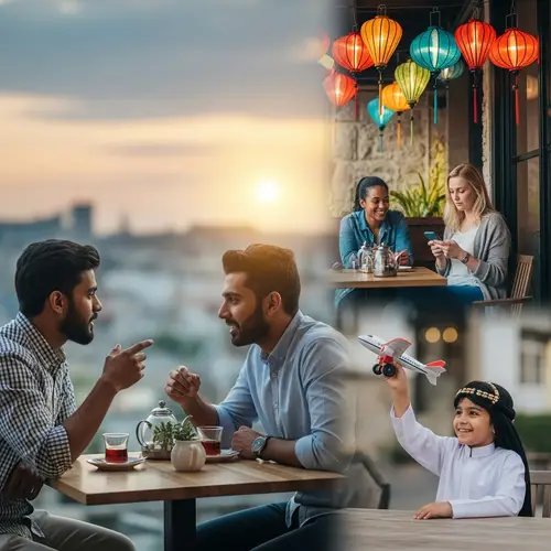 Cultural Diversity at Cafe: South Asian Men, Caucasian Woman, Middle-Eastern Kid