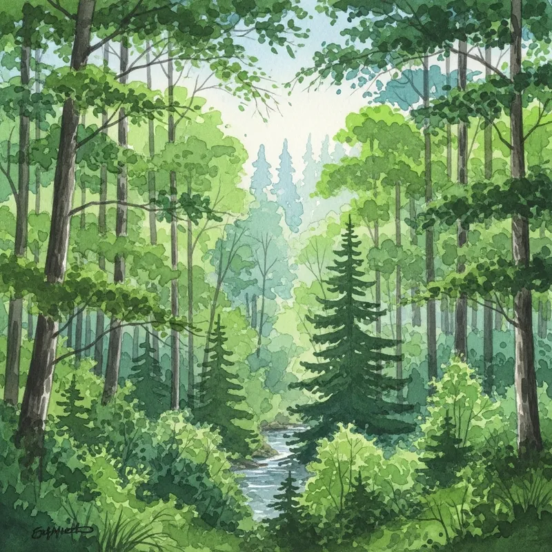 Lush Forest Watercolor Artwork - Nature's Beauty Captured Lush Forest Watercolor Artwork - Nature's Beauty Captured