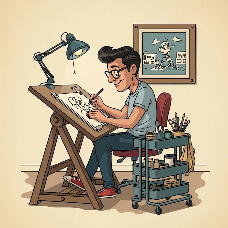 Vintage Children's Cartoonist Drawing on Desk with Retro Style