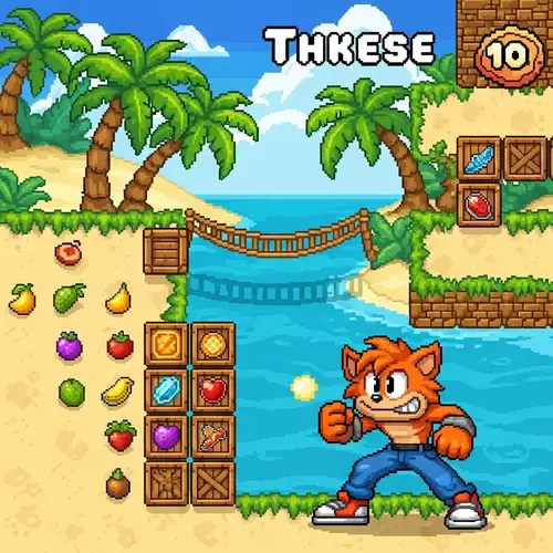 Pixel Art Tileset: Quirky Anthropomorphic Creature on Tropical Island