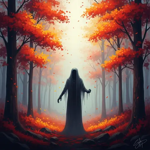 Mysterious Figure in Vibrant Autumn Forest | Fantasy Digital Painting