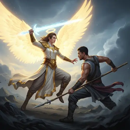 Epic Battle: Angel vs. Warrior in Celestial Realm
