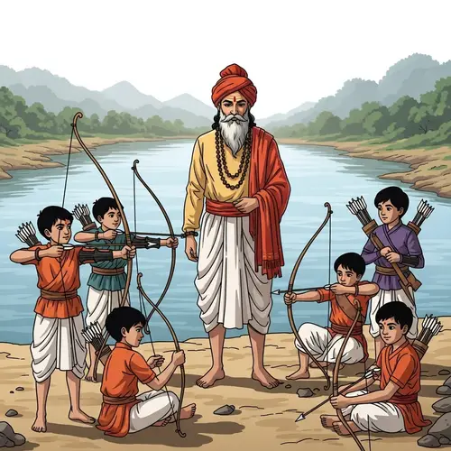 Indian Guru with Young Boys in Traditional Attire by River