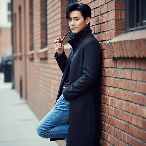 Asian Male Pop Star with Stylish Fashion Leaning Against Brick Wall