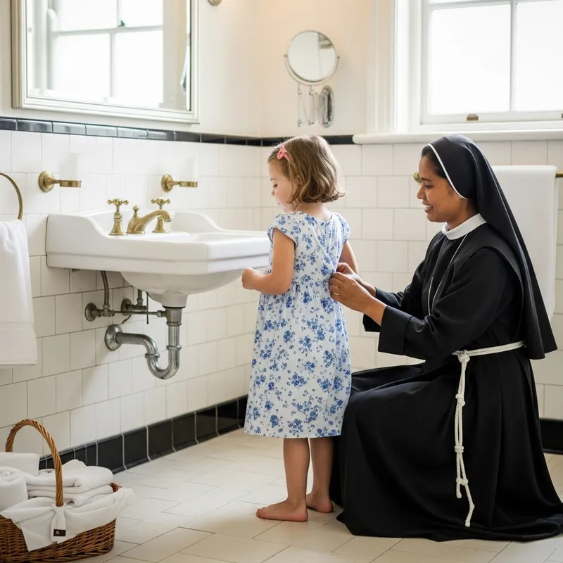 Child Getting Dressed by Nun in Bathroom