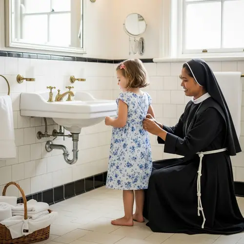 Assisting a Child with Changing Clothes in a Traditional Bathroom