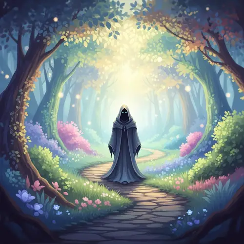 Mystical Forest Pathway with Hooded Figure