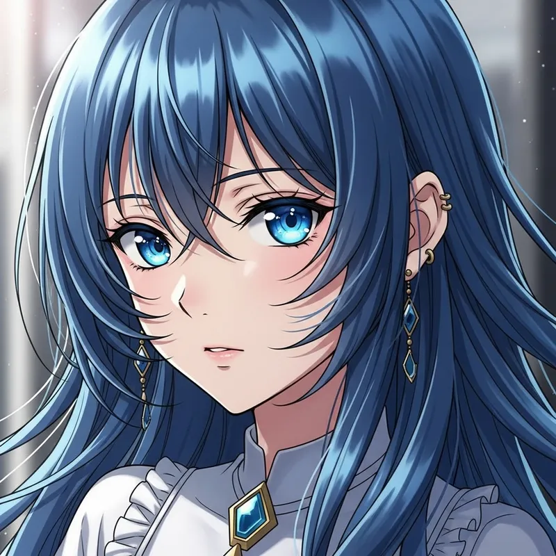 Anime Girl with Intricate Blue Hair and Eyes