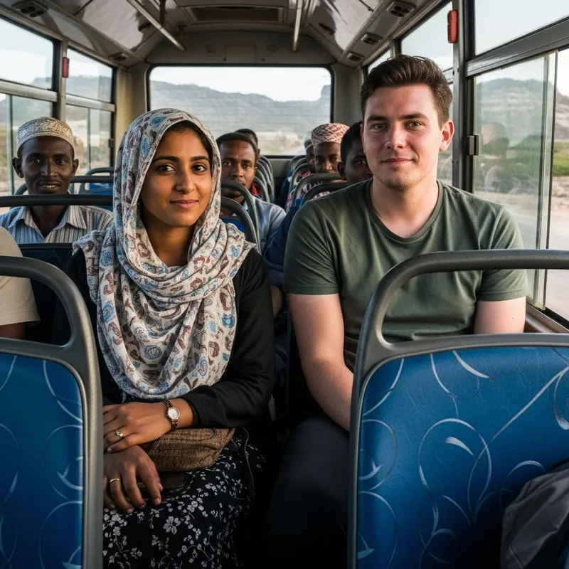Vibrant Somali Bus Ride with Diverse Characters in Socotra