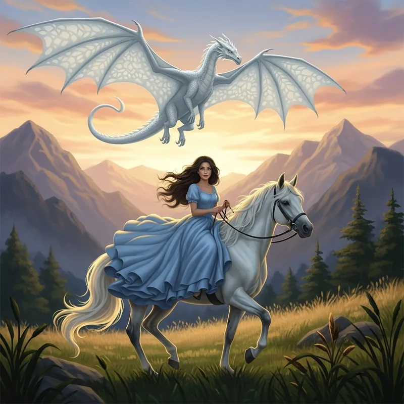 Brunette Girl on White Horse with Dragon