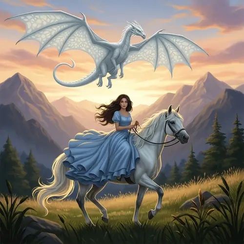 Brunette Girl on White Horse with Dragon