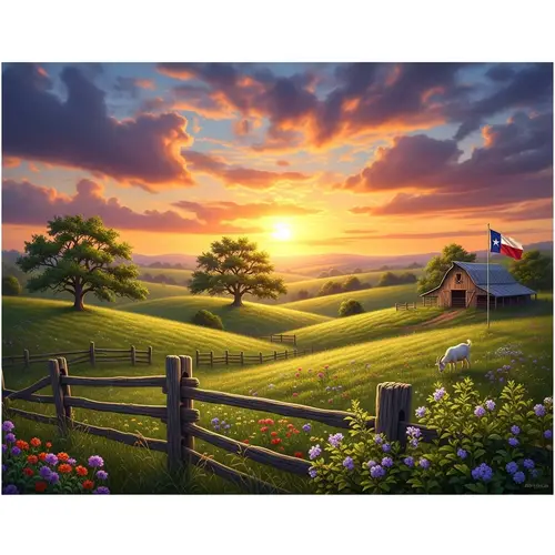 Tranquil Rural Farm Landscape at Sunset