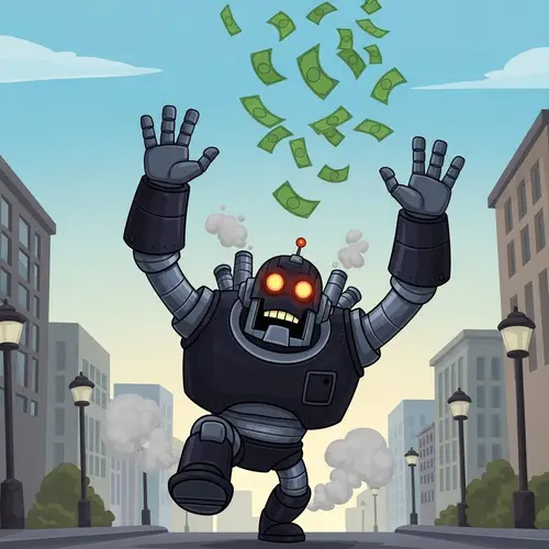 Energetic Cartoonish Robot Chasing Green Currency Bills
