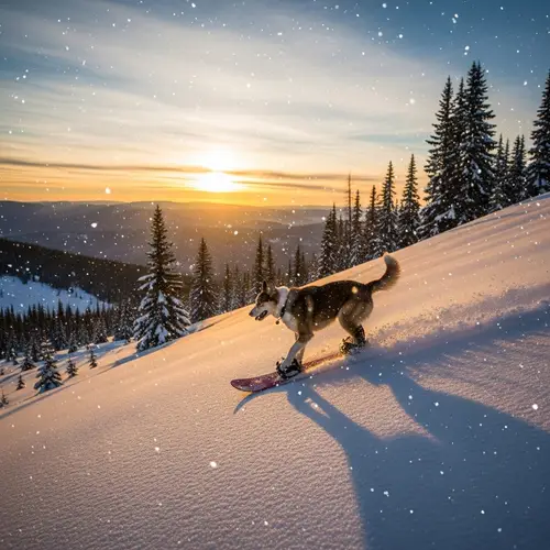 Fun Dog Snowboarding in a Winter Wonderland