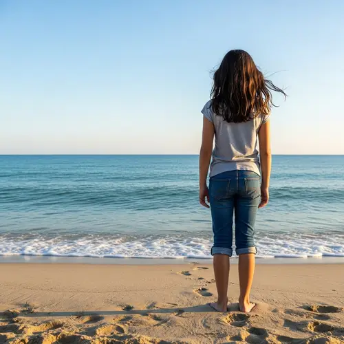 Tranquil Moment at Beach: Young Hispanic Girl Amidst Serene Horizon