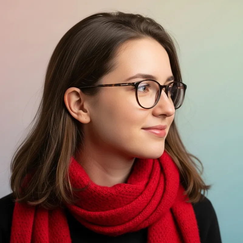 Caucasian Woman Wearing Red Scarf and Glasses | Intellectual Charm