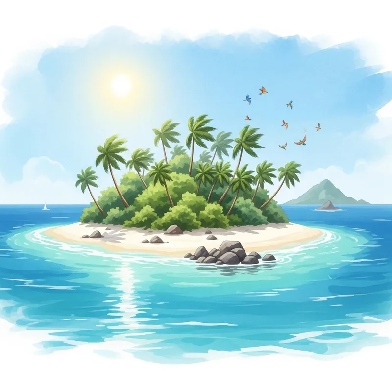 Serene Tropical Island Watercolor Art | Tranquil Landscape Painting
