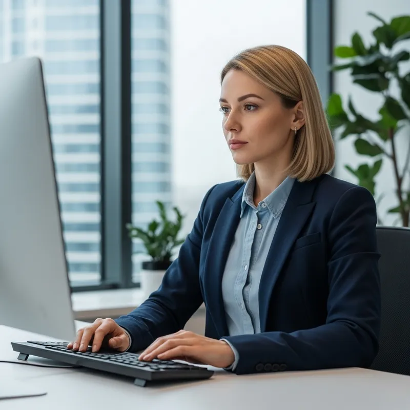 30-Year-Old Russian Woman at Office Computer | Business Attire, Blonde