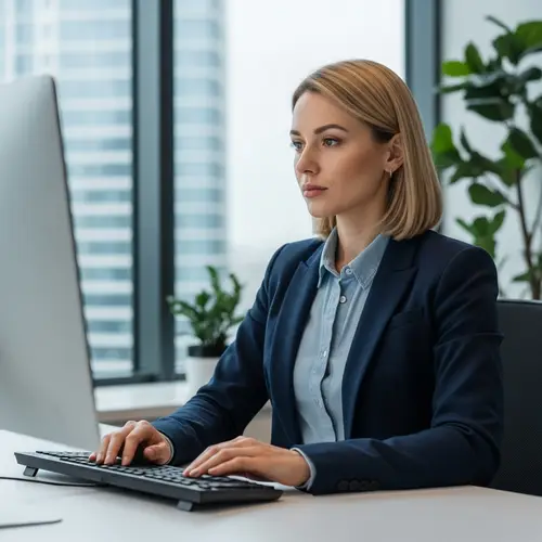 Russian Woman Working at Computer | Business Attire, Blonde Hair