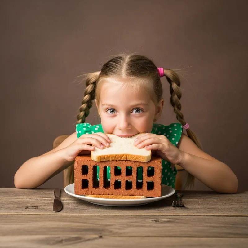 Girl Enjoying Unique Red Brick Bread Sandwich