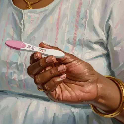 Emotive Pregnancy Test Holding | Hope & Uncertainty in Soft Pastel