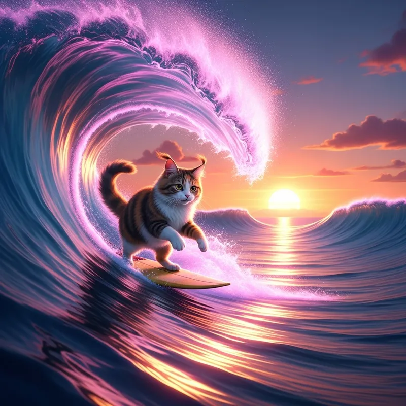 Cat Surfing on a Pink Wave - Fun Adventure