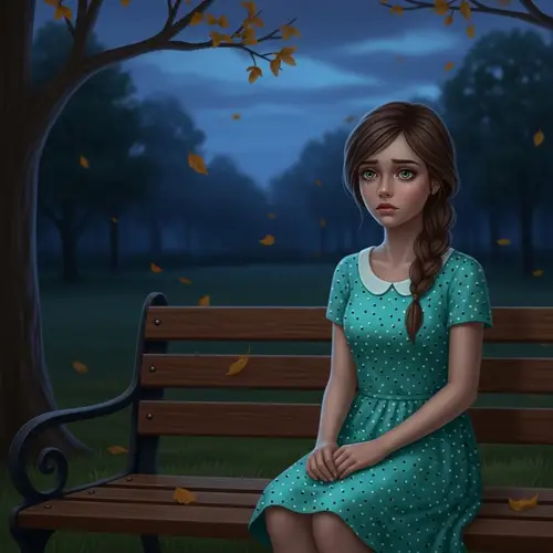 Melancholic Girl Sitting on Wooden Bench in Dimly Lit Park