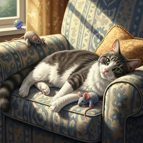 Grey and White Cat Relaxing on Armchair in Sunlight